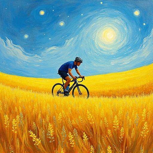 Lone cyclist travels through vibrant fields. Dynamic movement inspired by Van Gogh. Bright yellows and blues dominate the scene.