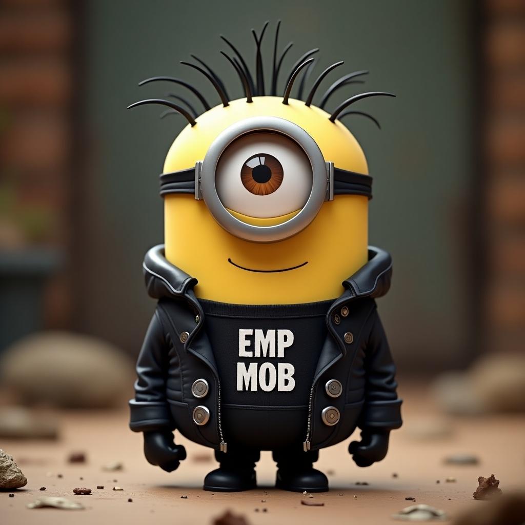 Animated character resembles a Minion. Dressed in edgy outfit. Features words 'EMP MOB' on torso. Stands confidently. Has a large eye and quirky hair. Background is slightly blurred with earthy tones.