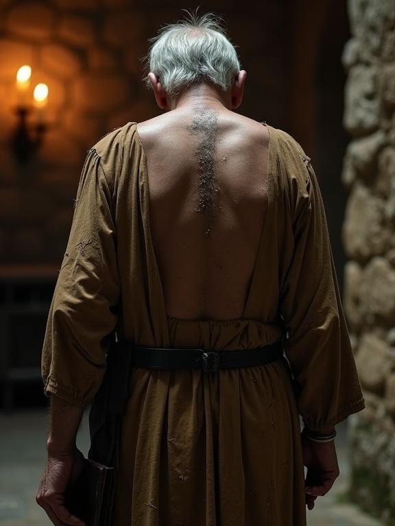 Hunched old man with tattered robes. Tattered, earth-toned clothing. Liver-spotted skin. Silver hair at nape. Dim lighting from candlelight. Hand holding leather book. Dust particles in still air. Heavy, ancient atmosphere.