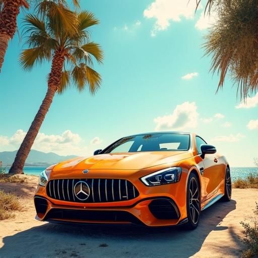 Modern car parked on a beach with palm trees. The car is orange and looks sleek. Bright sunny day. Background includes blue sky and distant mountains.