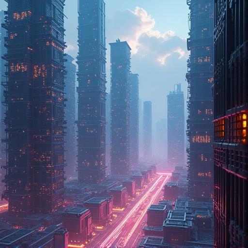 Futuristic cityscape filled with tall buildings made of achievement data blocks. Transparent tubes carry currency between players and developers. A mixture of cyberpunk and economic infographic styles. Visual representation of data and financial symbols.