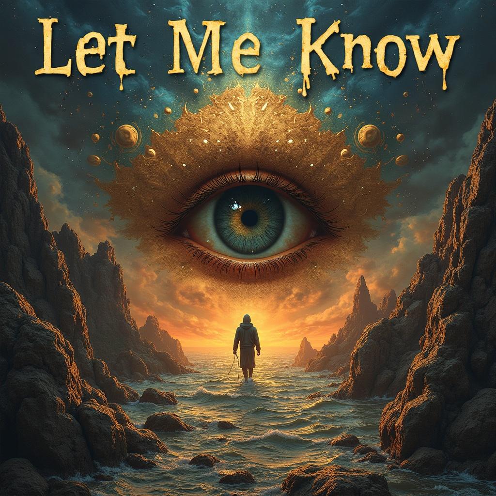 Surreal artwork for a music album cover. Central eye symbolizing insight. A person walking on water toward the horizon with dramatic lighting and a mystical landscape.