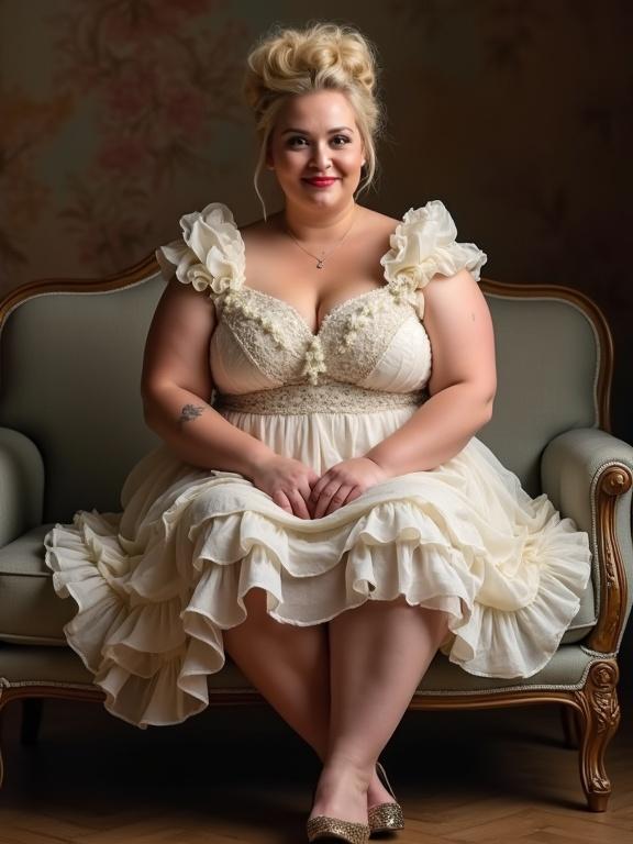 Chubby woman with blonde hair in an updo sits confidently on a sofa wearing a frilly dress. She has crossed legs and looks directly at the viewer, showcasing her style and confidence.