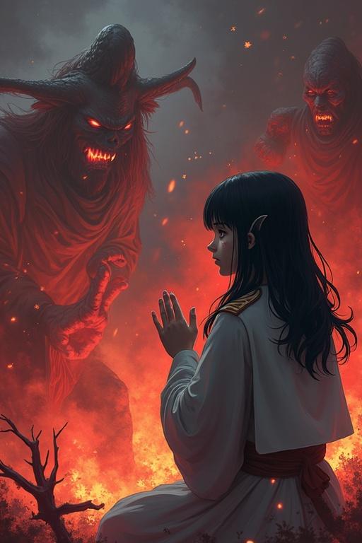 A 14 year old girl in demon slayer corps uniform. She has white skin and black hair. She appears wounded and praying in battle. Demons loom behind her. Tanjiro and Nezuko fighting nearby. A scene of supernatural struggle.