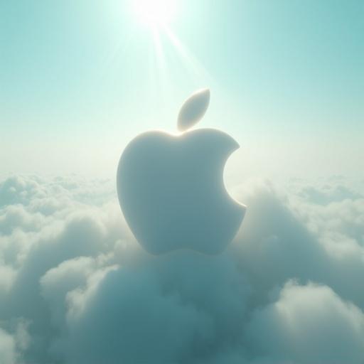 Surreal sky scene with volumetric clouds forming an Apple logo. Logo appears carved from fog with smooth edges blending into mist. Background sky features pale turquoise and light blue gradient. Sunrays cast diagonally from the top-left. Scene shows depth with transparent cloud layers and distant foliage in morning fog. Lighting is cinematic with highlights and bloom effect. No text present.