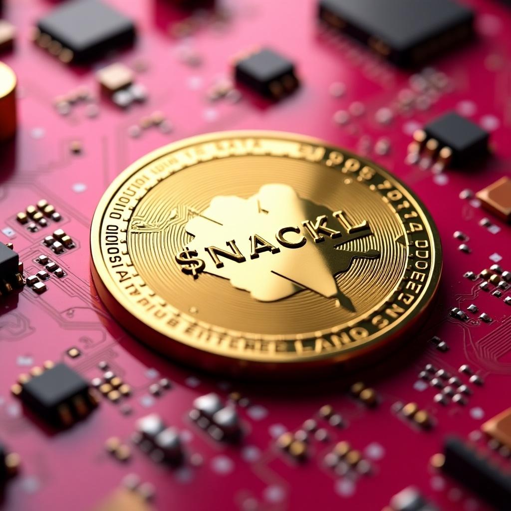 Close view of a golden digital coin on a pink motherboard. Coin has '$NACKL' name displayed. Background features circuit elements to emphasize tech theme. The coin has intricate designs and a modern look.