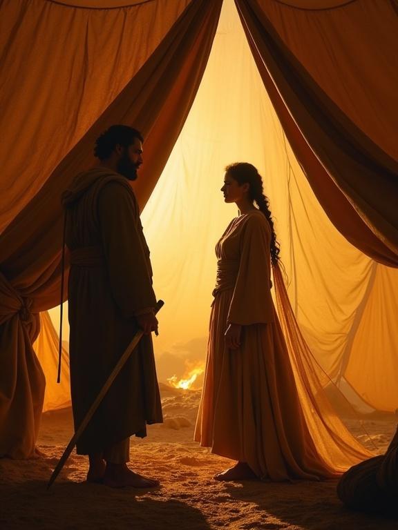 Tent flap open to reveal Barak and Jael. Barak is rugged with a sword. Jael is composed in earth tones. Warm light flickers. Moment filled with understanding.