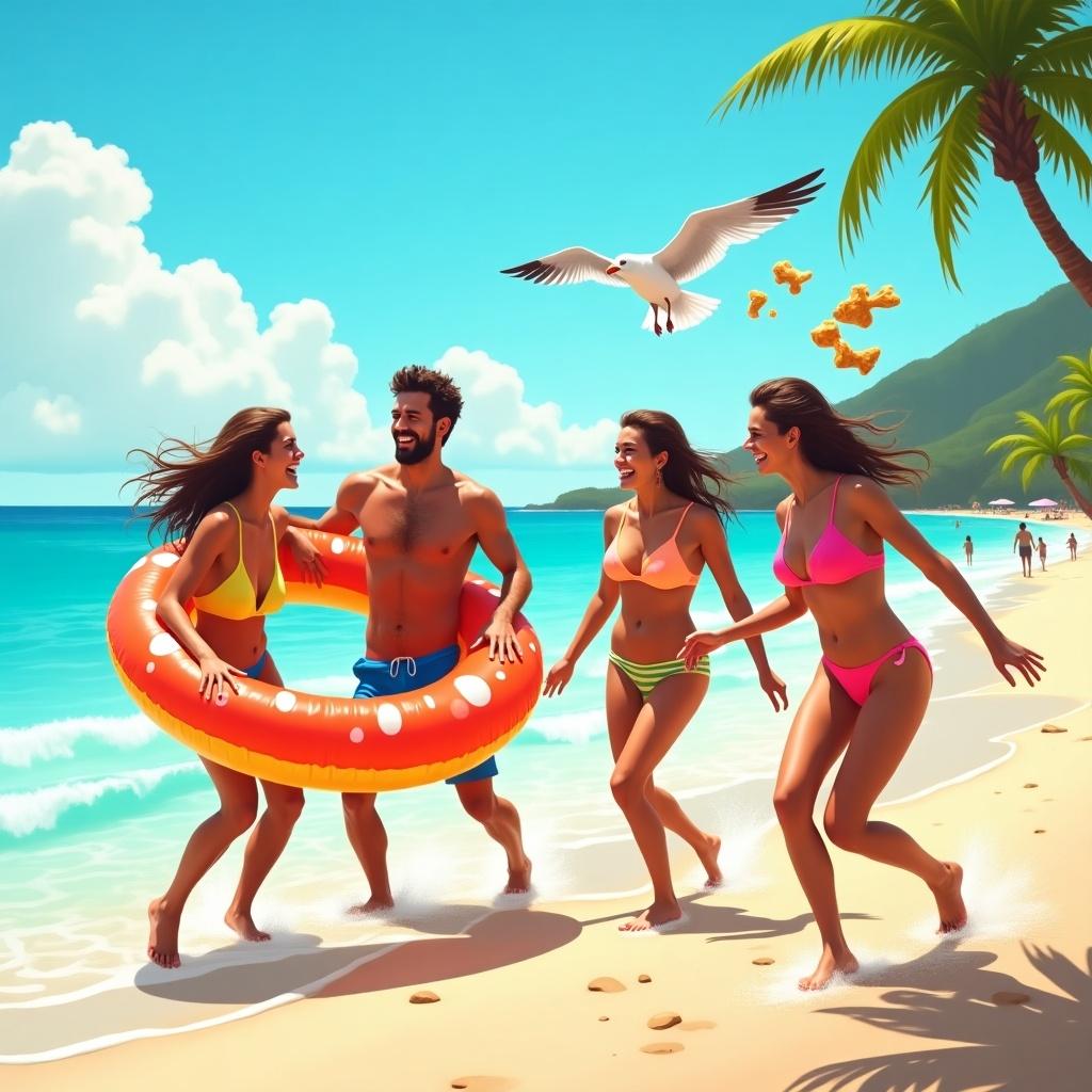 A lively vacation scene featuring a family in colorful summer outfits laughing together on a sunny beach. One person struggles comically with an inflatable pool toy. Another chases a mischievous seagull stealing snacks. The setting is bright and joyful with playful chaos.