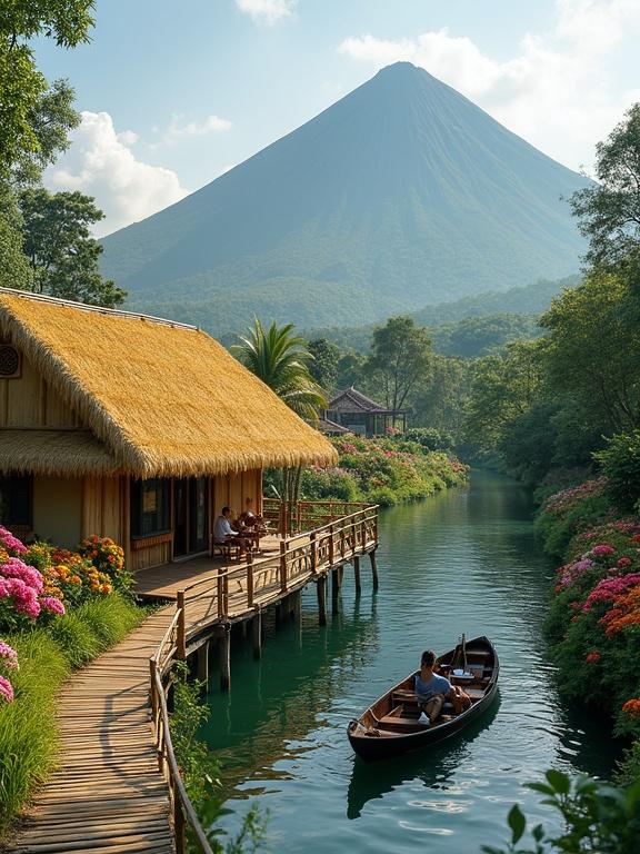 Scenic riverside area featuring a bamboo hut with thatched roof. Calm waterway with a wooden boat and lush floral surroundings. A majestic volcano rises in the background against a soft, cloudy sky.
