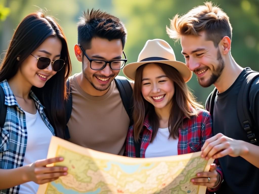 A group of young friends looking at a map while hiking in a forest, appearing cheerful and excited about their adventure.