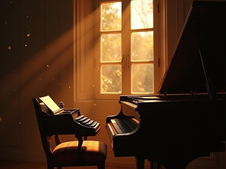 An antique typewriter and grand piano are near a window. Warm golden light streams through the window, illuminating dust motes. A full moon is visible through the glass. This scene evokes warmth, drama, and realism, suitable for an instrumental music album cover.