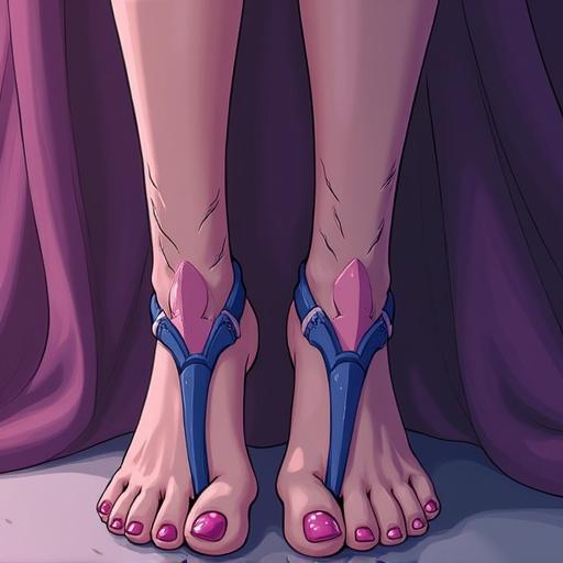 Close-up view of elegant feet wearing blue sandals. Pink toenails in focus. Soft ambient lighting highlights features. Character inspired by anime. Decorative elements enhance aesthetic appeal.