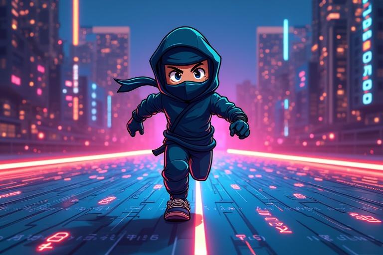 Design a cartoon-style YouTube thumbnail featuring a ninja sprinting on binary code. Use glowing data streams. The ninja has a determined expression and wears running shoes. Motion lines show speed. The background is a futuristic cityscape with circuit board patterns and lights. Include the text 'Code Sprint Challenge!' at the top in glowing neon.”,