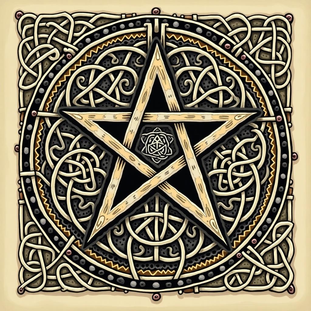 Illustration of Indo-Celtic symbol. Pentacle hidden in intricate pattern. Detailed and ornate design.