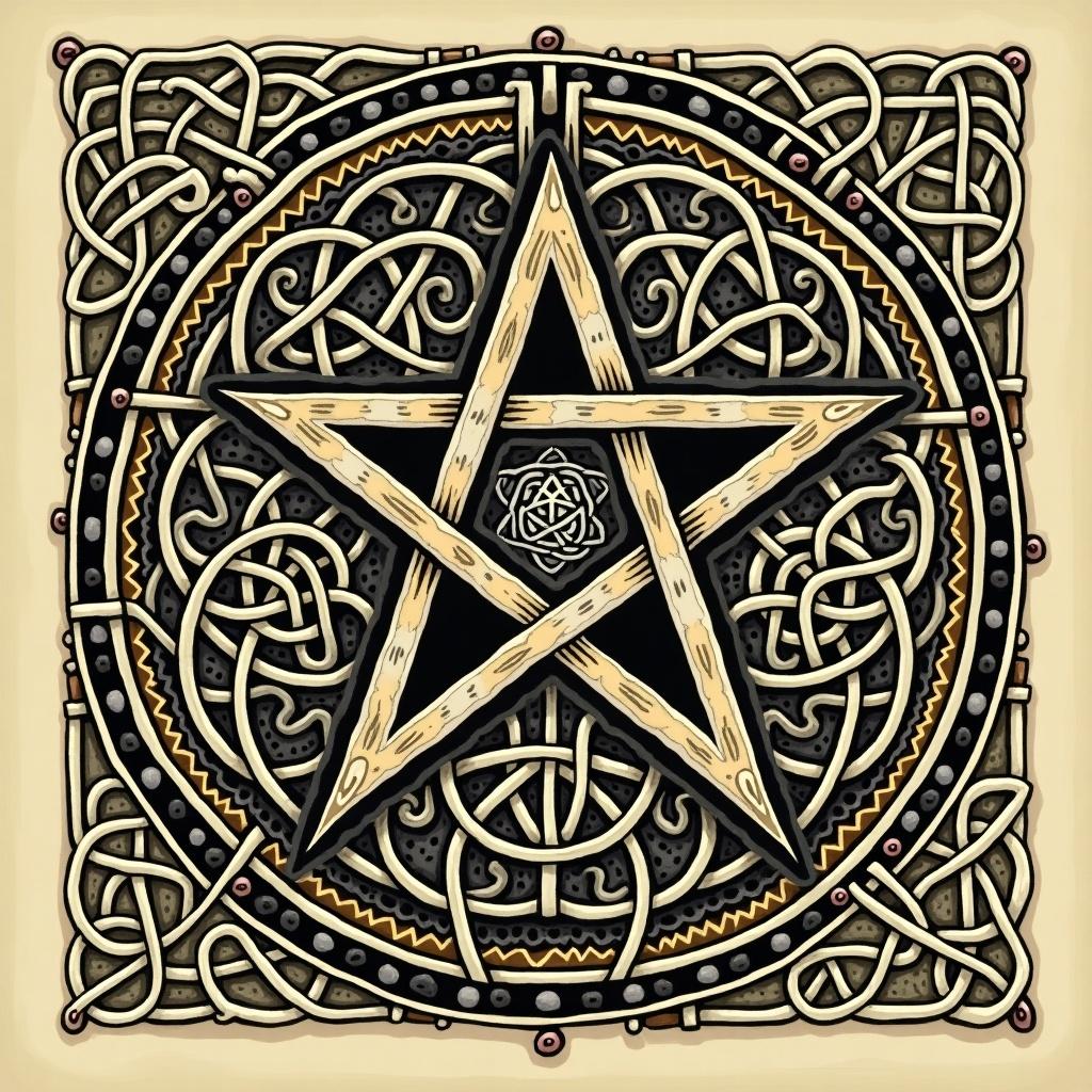 Illustration of Indo-Celtic symbol. Pentacle hidden in intricate pattern. Detailed and ornate design.