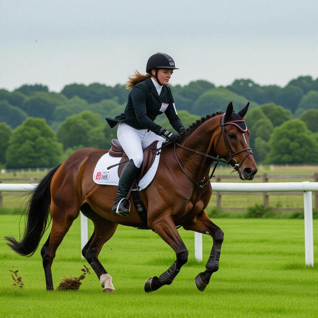 A horsewoman rides a horse swiftly across a grassy field. The horse is in motion with an athletic stance. Trees are visible in the background. The rider wears a helmet and equestrian gear.
