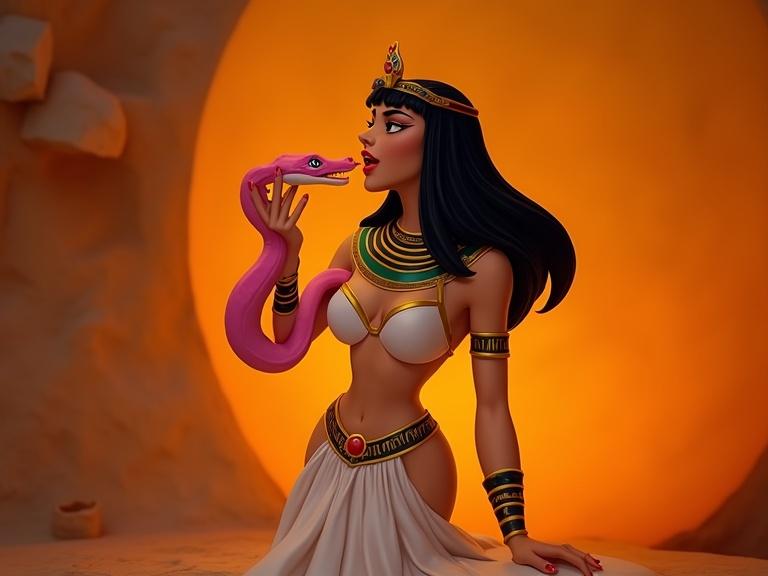 Cleopatra holds a pink snake, elegant pose, background is orange tangerine, dramatic lighting, perfect composition, realistic Disney style.