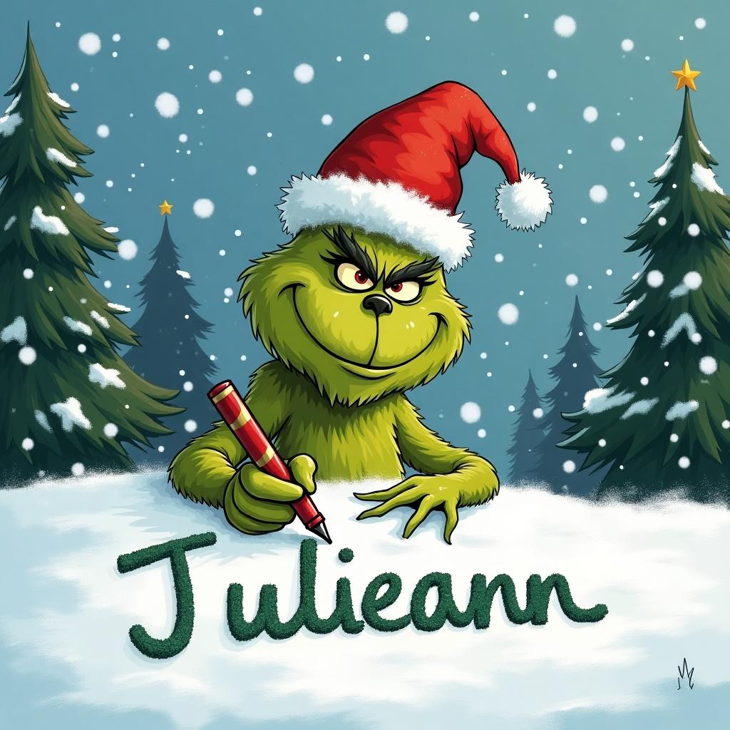 Grinch wearing Santa hat writes in snow name Julieann. Scene surrounded by Christmas trees and snowflakes. Winter landscape setting.