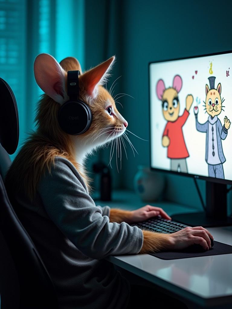 A human that looks like a mouse has big ears. The mouse is gaming while wearing a headset. The mouse uses a real mouse for gaming. The screen shows a hand-drawn cat-magician. The background is a cool blue color.