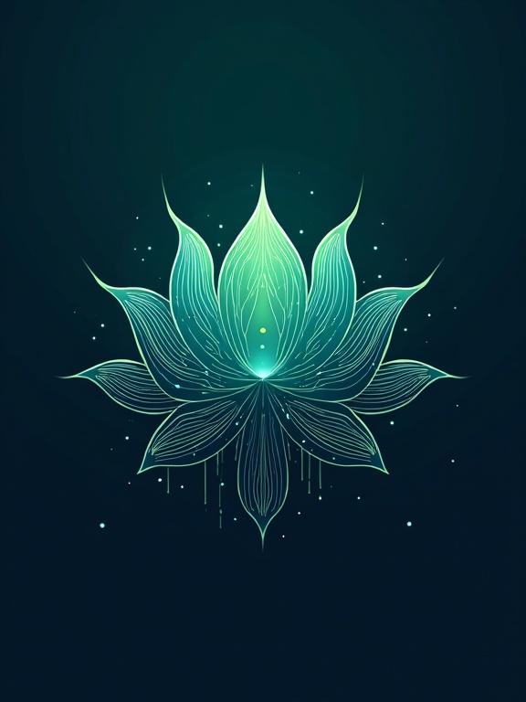 Stylized logo design of a lotus flower intertwined with circuit board patterns. Modern minimalistic style with gradient cool blues and greens. Represents innovation and natural harmony. Digital-first design influenced by Bauhaus and Swiss design.