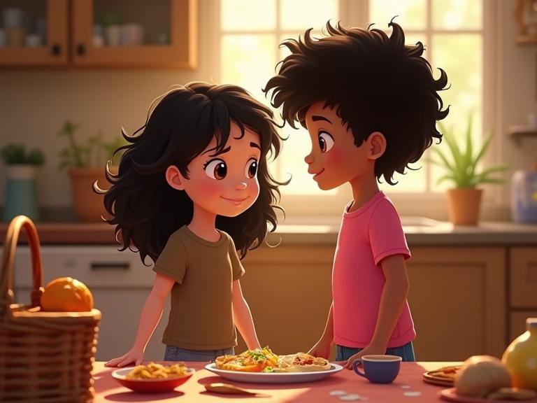HD Disney style illustration of two children in a kitchen. Young girl with curly black hair and a pink shirt. Young boy with straight messy hair in a brown t-shirt. Warm sunlight enters through the window. A picnic basket on the table with food. Kitchen atmosphere suggests happiness and family moments.