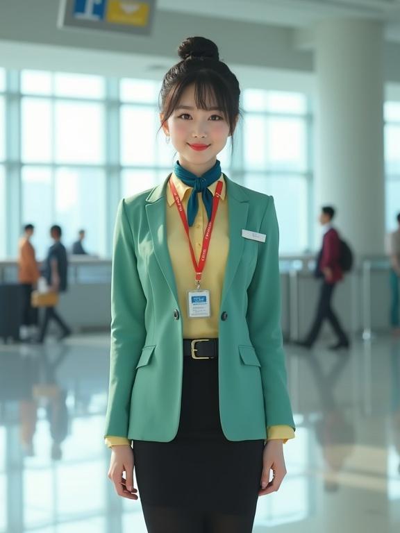 Full body image of a female airport ground staff in a pastel-yellow long-sleeve mandarin-collar chiffon blouse and jade-green blazer. She wears a black pencil skirt and black pantyhose. Her hair is styled in a bun and she has light makeup with red lips. A name tag is pinned on her blazer with a red lanyard holding her ID badge. A small dark-blue-gingham scarf is tied around her neck. The background is an airport terminal building.