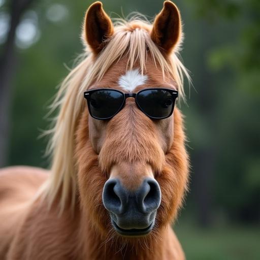 A horse with a beard is wearing sunglasses. The horse has a shiny golden coat and is in a natural setting with greenery in the background. The focus is on the horse's face and sunglasses.