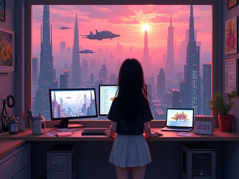 A highly realistic cyberpunk interior. A 25-year-old Korean woman with long black hair in front of a large window. She faces the window with a joyful expression. The desk features two monitors, a laptop, a smartphone, and three childlike sketches of futuristic cities. The skyline shows a detailed futuristic city at sunset filled with flying cars and robots. The lighting is natural and warm, creating a lifelike atmosphere.