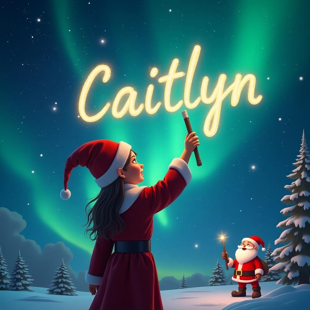 Elf faces magical sky using wand to write names. Background features northern lights and Santa. Name being written is Caitlyn.