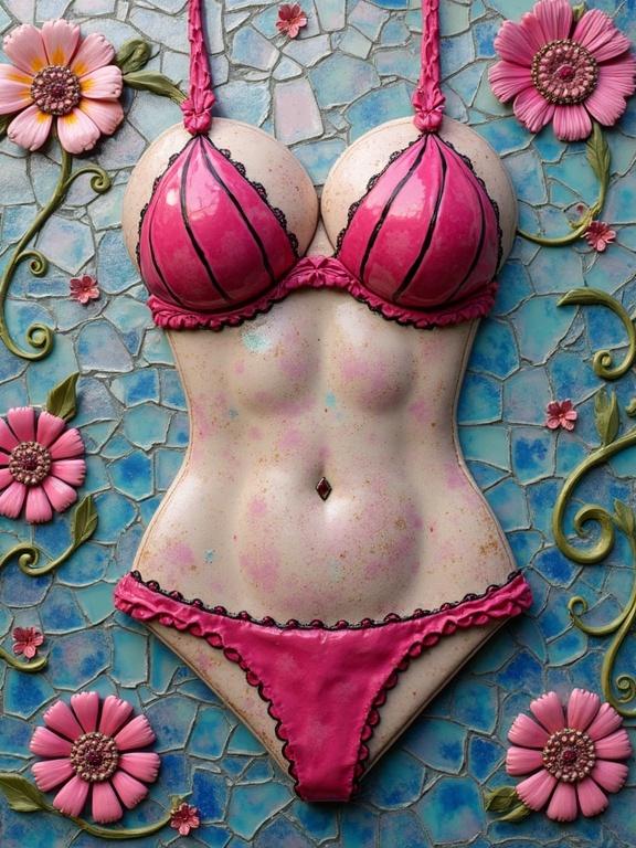 Three-dimensional artwork featuring an iridescent bikini made of ceramic tiles and glass mosaic. Abstract design with pink and black colors. Incorporates encaustic and mixed media techniques.