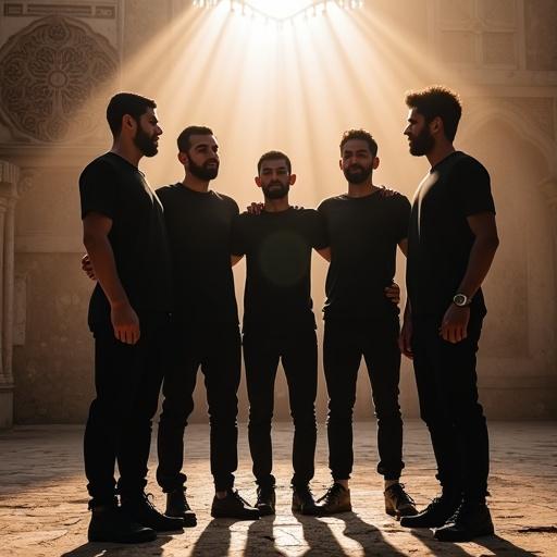 Five young men are standing and forming a ring inside a Husseiniya. They are beating their chests and dressed in black shirts and pants.