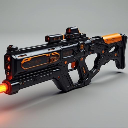 Concept art of a futuristic tactical rifle. The gun features a black body with vibrant orange accents and displays panels. It emits a glowing laser from its barrel, indicating advanced technology.