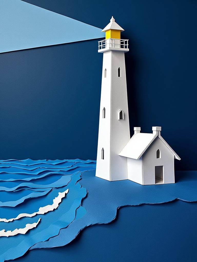 Origami paper folds create a lighthouse scene made of paper. Display designed with an indigo blue background and dark blue night sky. White lighthouse features a yellow top. Wavy dark blue sea in the foreground. Expressive, emotional composition emphasizes layered textures with smooth brushstrokes.