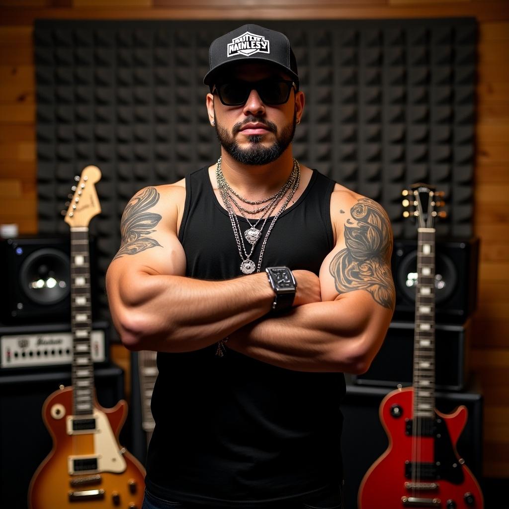 A muscular tattooed man wearing a HARLEY cap stands confidently with crossed arms. He is in a MUSIC STUDIO. ELECTRIC guitars are on either side. Bold jewelry is showcased.