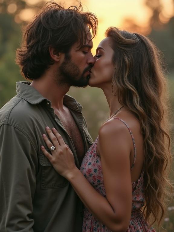 A romantic scene featuring a couple at sunset. They are close and intimate. The background shows a natural setting. The couple exhibits connection and affection. The mood is warm and inviting. The image resembles older smartphone photography.