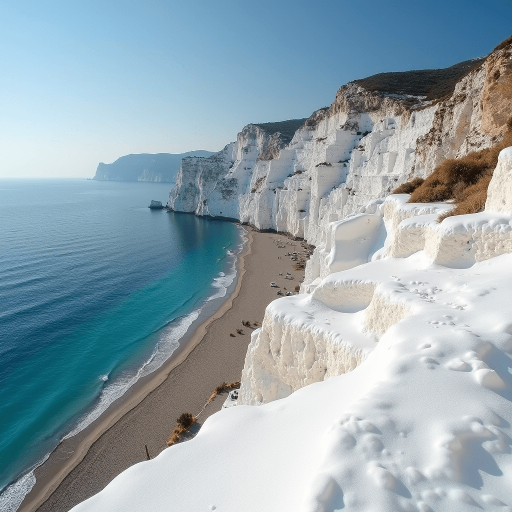 Stunning white cliffs overlook a serene turquoise ocean and sandy beach below.