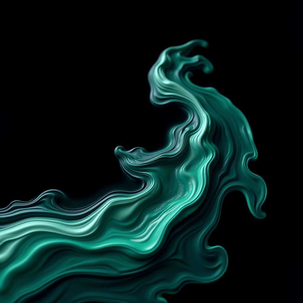 A fluid, abstract swirl of green hues resembling flowing fabric or smoke against a black background.