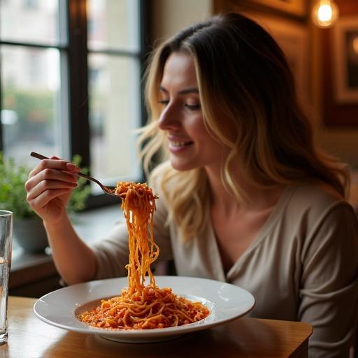 Woman enjoys spaghetti in a restaurant setting. Indoor atmosphere with natural light. Close up of food and enjoyment.
