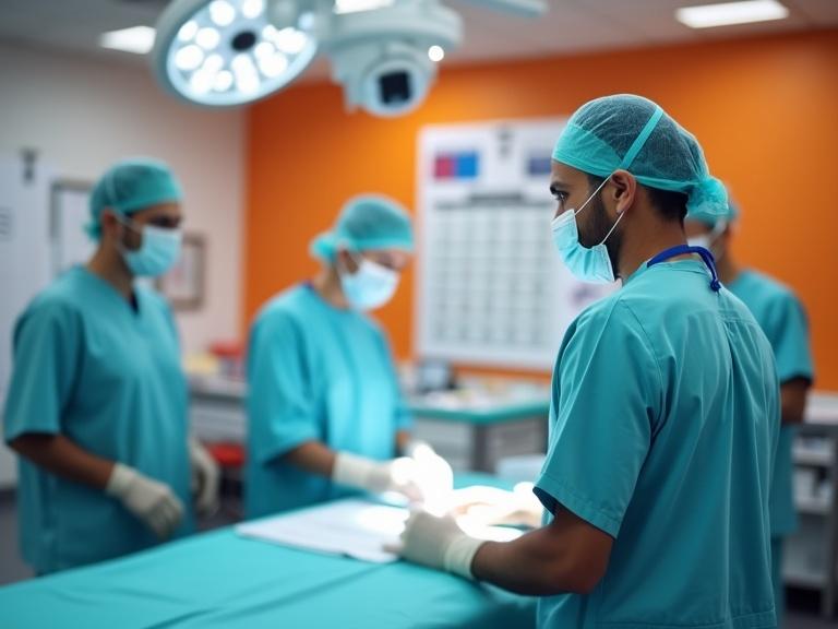Image of a plastic surgeon in an operation theatre. Surgeon positioned on the left side, two-thirds height in foreground. Background shows a blurred modern operation theatre with orange and blue hues, sterile surfaces, surgical tools, and bright lights. Right-third includes a calendar marked Day 7, chart labeled Upper Blepharoplasty Recovery, and clock showing 9:00 AM. Text overlay in top-right corner: Return to Work Timeline.