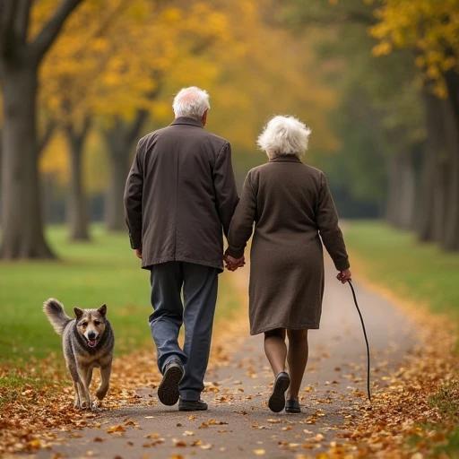 An elderly couple walks slowly in a park. Their hands clasped together. Leaves crunch underfoot while a dog trots beside them. The path is lined with colorful fall foliage.
