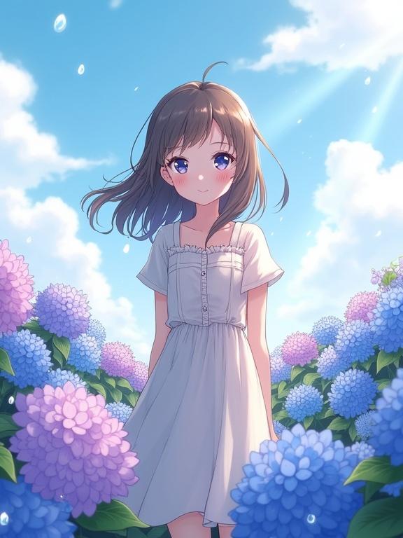 Anime-style illustration of a girl standing in a field of hydrangeas. She has soft gentle smile and sparkling eyes. Her cheeks are slightly blushing. Hair flows slightly in the breeze. She wears a light summer dress. Background filled with blue purple pink hydrangea blossoms under a cloudy sky. Sparkling raindrops on petals and leaves. Vertically oriented suitable for smartphone wallpaper.