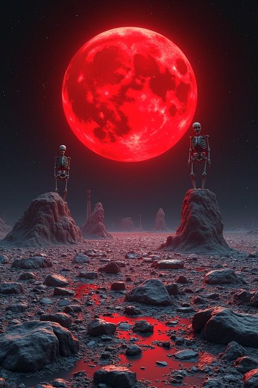 A red moon shines on a desert made up of millions of glass shards. Shattered pieces of skeletons are scattered throughout the landscape. Two skeletons stand on rocky formations under the moonlight.
