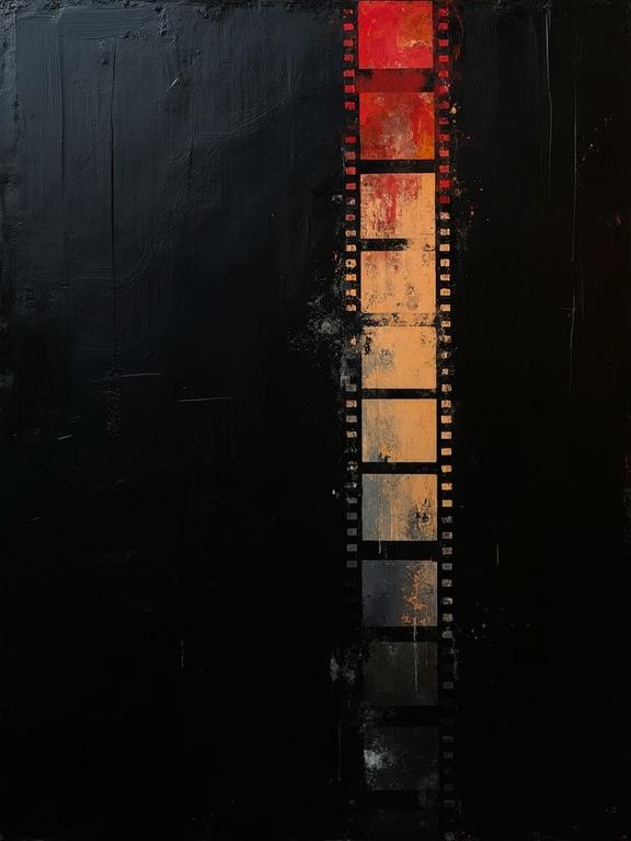 Digital oil painting features a black background with visible harsh paint strokes. Cubist and unfinished artistic elements characterize the piece. Flat colors and dynamic silhouettes create a minimalist style. Repeating voids shaped like film negatives are showcased. Shadows and cubist edges resemble film strips with acid corrosion.