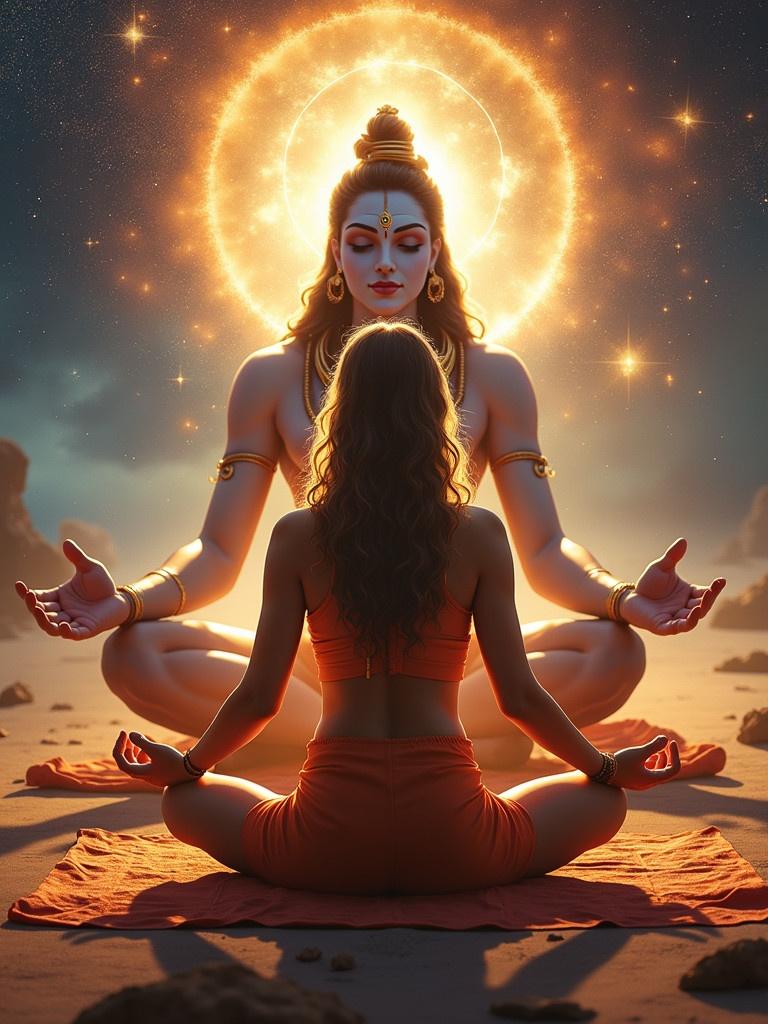 Image of Lord Shiva seated behind a woman in yoga pose surrounded by divine light and cosmic elements. The scene conveys a sense of spirituality and peace.