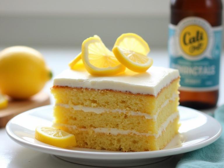 Photo of a lemon layer cake close-up on a white ceramic plate. Cake has white frosting on top and between layers. Bright yellow lemon slices are on top and around the base. Background is slightly blurred showing a bottle of Cali Craft beer with a blue and white label. Indoor scene with natural light and shallow depth of field. Cake is centered in frame with the bottle to the right. Focus on cake in a soft lighting setting. Casual home-baked vibe.