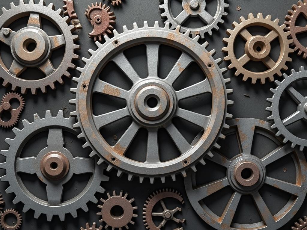 Create an industrial cogs and gears banner background. The background should feature an assortment of old metal cogs, emphasizing their intricate designs. Use a grey tone to give the image a vintage and industrial feel. The gears should be layered in a way that showcases depth and complexity. Include a subtle texture that reflects the nature of worn metal surfaces. Overall, the design should evoke a sense of machinery and engineering.