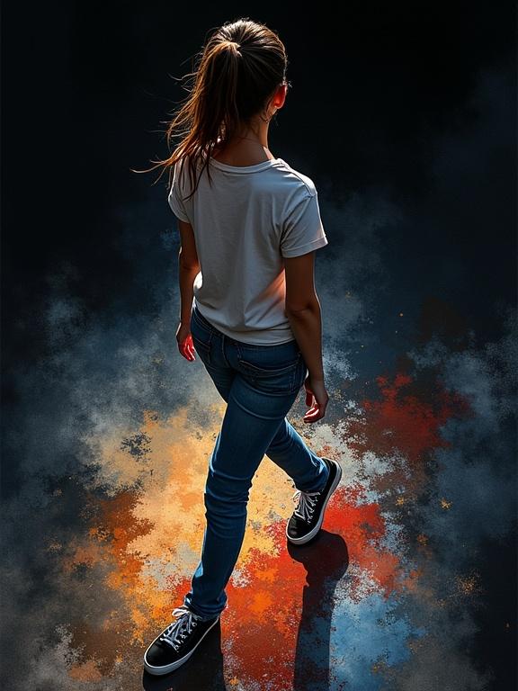 Digital watercolor illustration. A woman stands diagonally in jeans and sneakers on a black background. Her silhouette creates three dynamic shadows. Each shadow represents a different emotion with color. The ground features colorful puddles that reflect her stance. Harsh paint strokes give a unique texture.