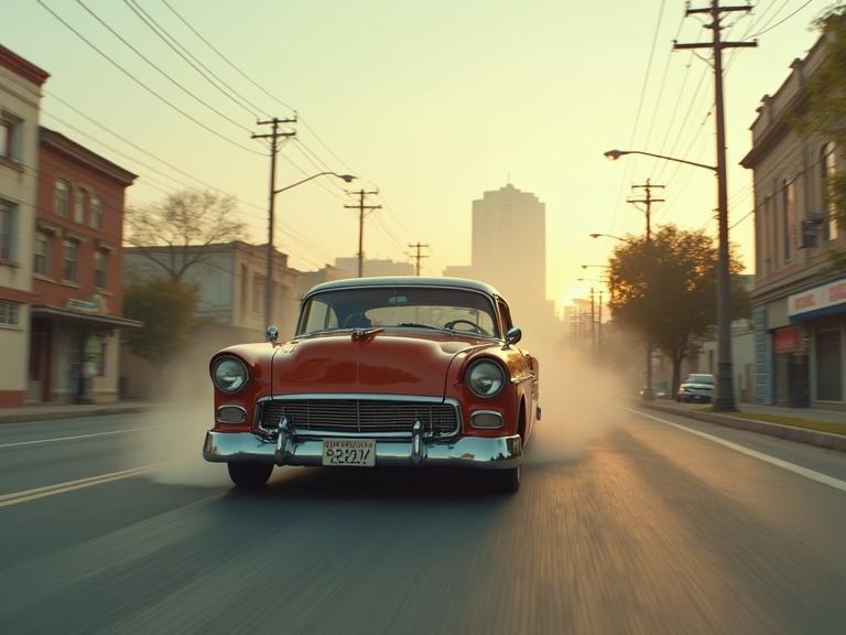 Conceptual artwork with 70s chase film aesthetic. Set on Avenida Constitución in Monterrey. Modified classic American car appearing robust and fast. Light dust trail from speed. Urban buildings in the background. Cerro de la Silla visible at a distance. Focus on the car and speed. Warm, dusty color palette with wide sky at dusk. Evokes raw energy and anticipation of high-speed scene without collisions or violence.