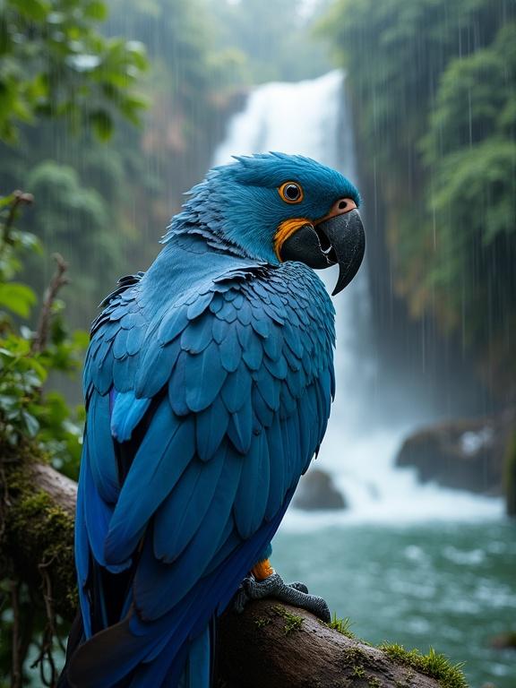 Vivid blue parrot perched on a tree branch. Lush tropical forest surrounds with a waterfall in the background. Heavy rain falls creating a misty atmosphere. A mighty river flows at the base of the waterfall.