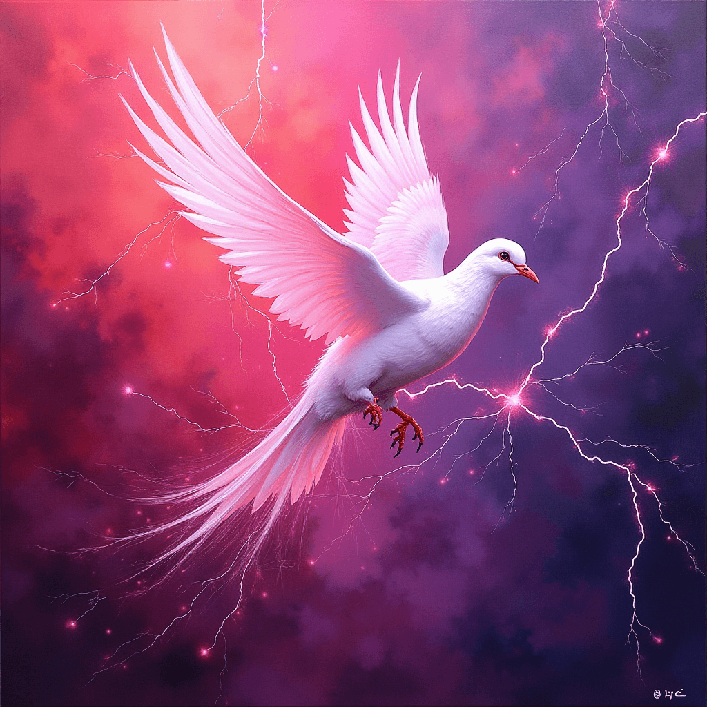 A white dove soaring through a stormy sky illuminated by vibrant lightning.